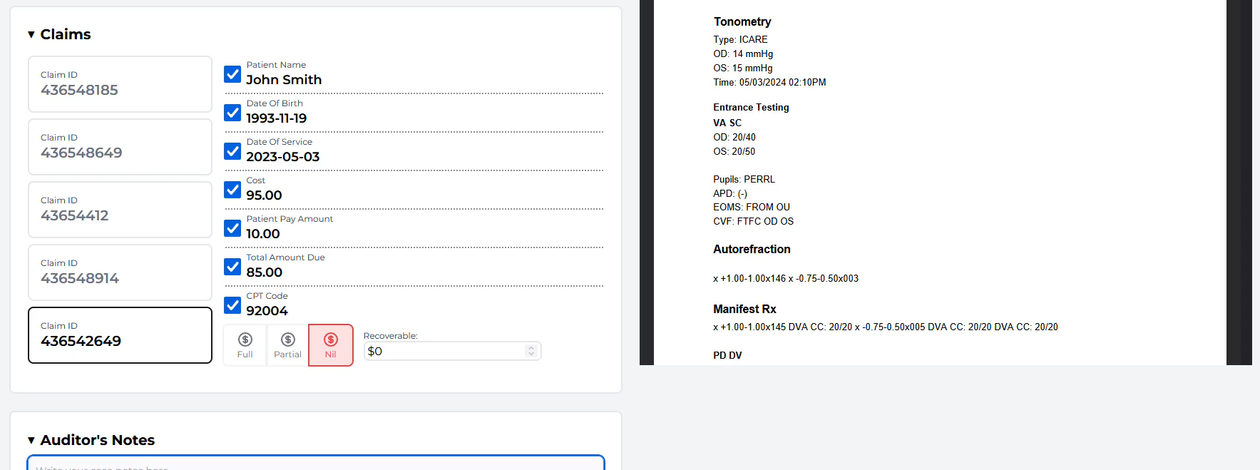 Claim audit view